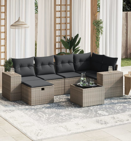 7-tlg. Garten-Sofagarnitur mit Kissen Grau Poly Rattan