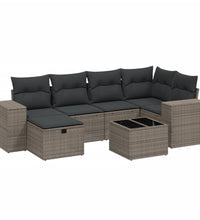 7-tlg. Garten-Sofagarnitur mit Kissen Hellgrau Poly Rattan