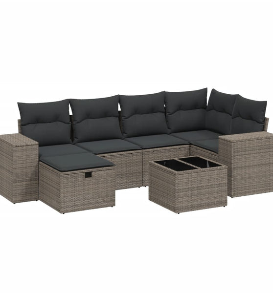 7-tlg. Garten-Sofagarnitur mit Kissen Hellgrau Poly Rattan