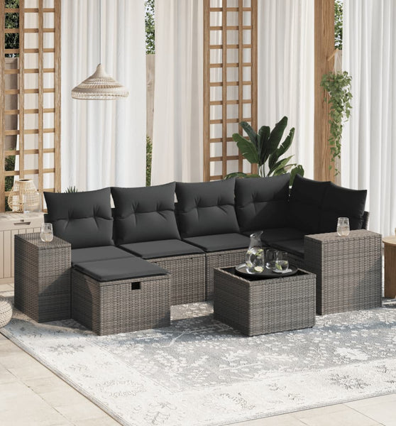 7-tlg. Garten-Sofagarnitur mit Kissen Hellgrau Poly Rattan