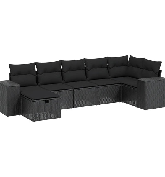 7-tlg. Garten-Sofagarnitur mit Kissen Schwarz Poly Rattan