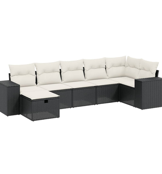 7-tlg. Garten-Sofagarnitur mit Kissen Schwarz Poly Rattan