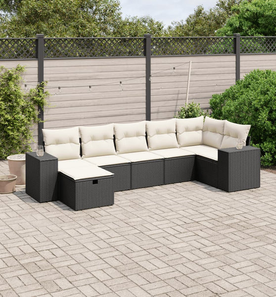 7-tlg. Garten-Sofagarnitur mit Kissen Schwarz Poly Rattan