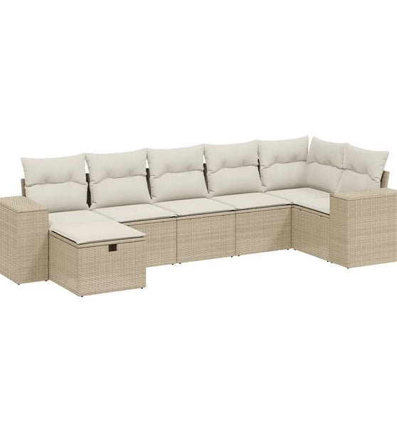 7-tlg. Garten-Sofagarnitur mit Kissen Beige Poly Rattan