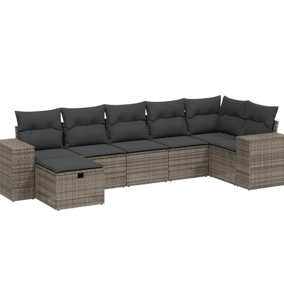 7-tlg. Garten-Sofagarnitur mit Kissen Grau Poly Rattan