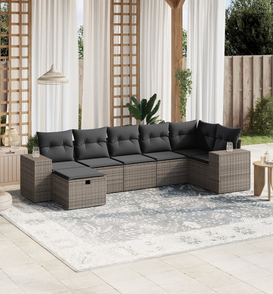 7-tlg. Garten-Sofagarnitur mit Kissen Grau Poly Rattan