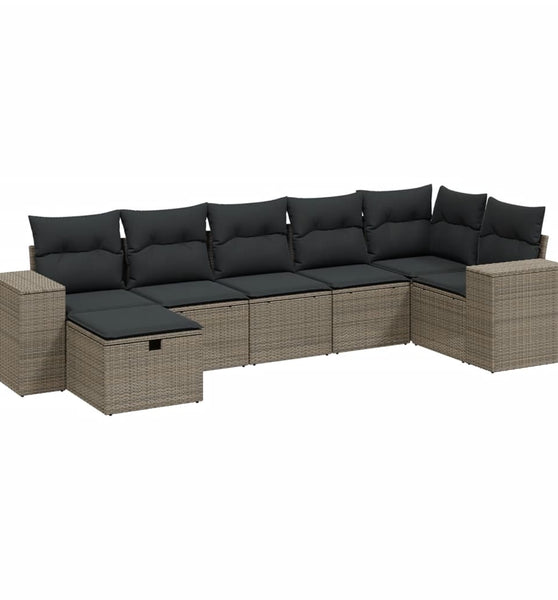 7-tlg. Garten-Sofagarnitur mit Kissen Hellgrau Poly Rattan
