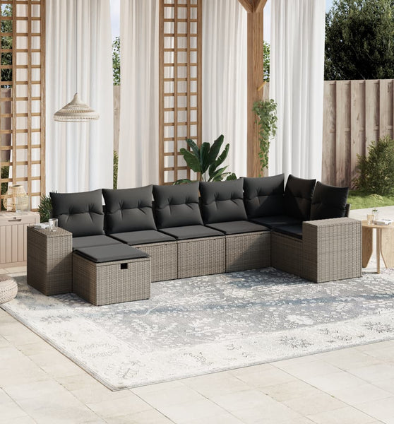 7-tlg. Garten-Sofagarnitur mit Kissen Hellgrau Poly Rattan