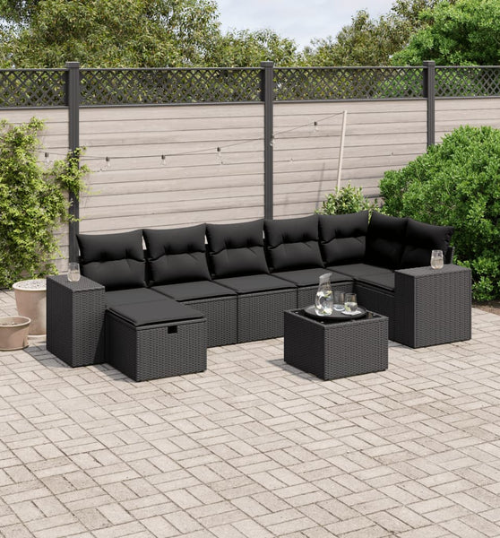 8-tlg. Garten-Sofagarnitur mit Kissen Schwarz Poly Rattan