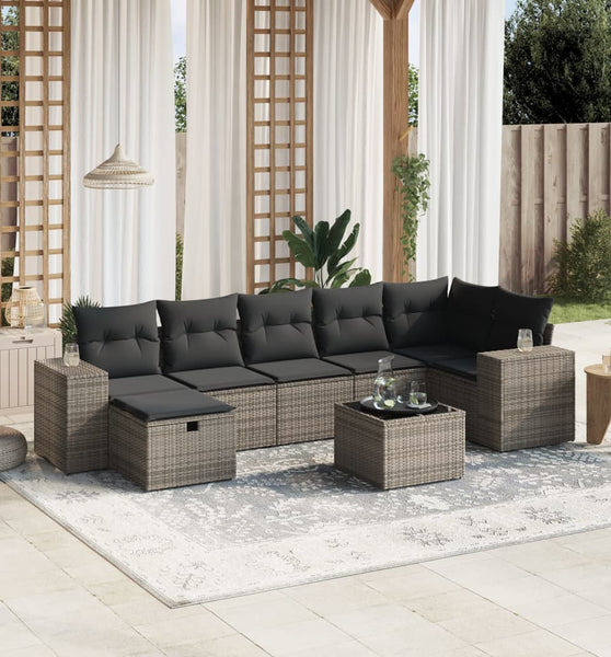8-tlg. Garten-Sofagarnitur mit Kissen Grau Poly Rattan