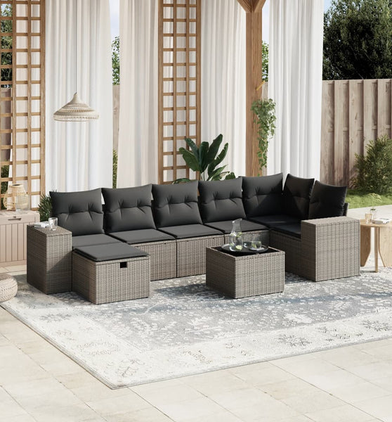 8-tlg. Garten-Sofagarnitur mit Kissen Hellgrau Poly Rattan