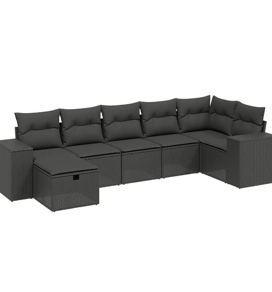 7-tlg. Garten-Sofagarnitur mit Kissen Schwarz Poly Rattan
