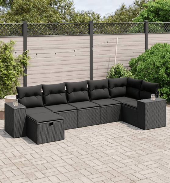 7-tlg. Garten-Sofagarnitur mit Kissen Schwarz Poly Rattan