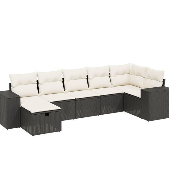 7-tlg. Garten-Sofagarnitur mit Kissen Schwarz Poly Rattan