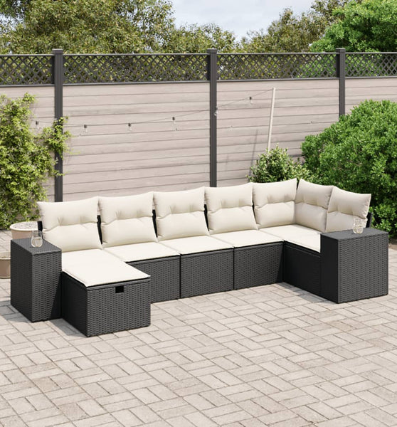 7-tlg. Garten-Sofagarnitur mit Kissen Schwarz Poly Rattan