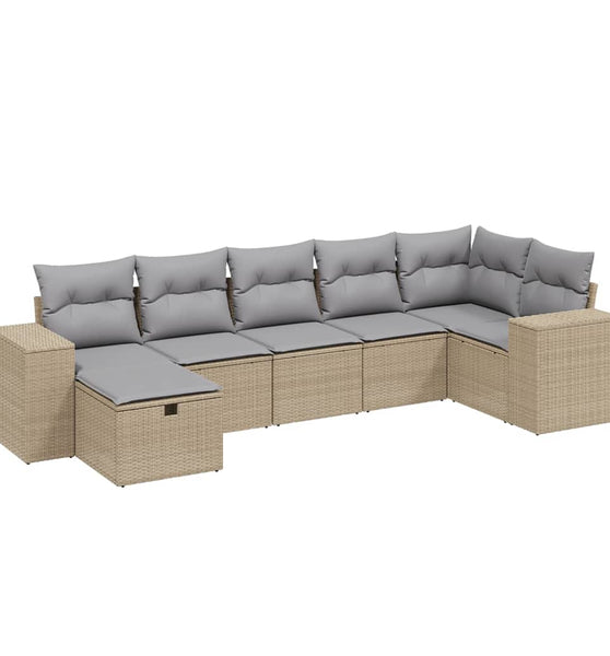 7-tlg. Garten-Sofagarnitur mit Kissen Beige Poly Rattan
