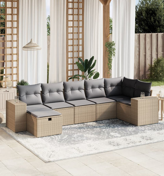 7-tlg. Garten-Sofagarnitur mit Kissen Beige Poly Rattan