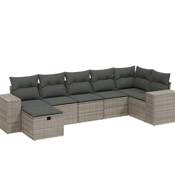 7-tlg. Garten-Sofagarnitur mit Kissen Grau Poly Rattan