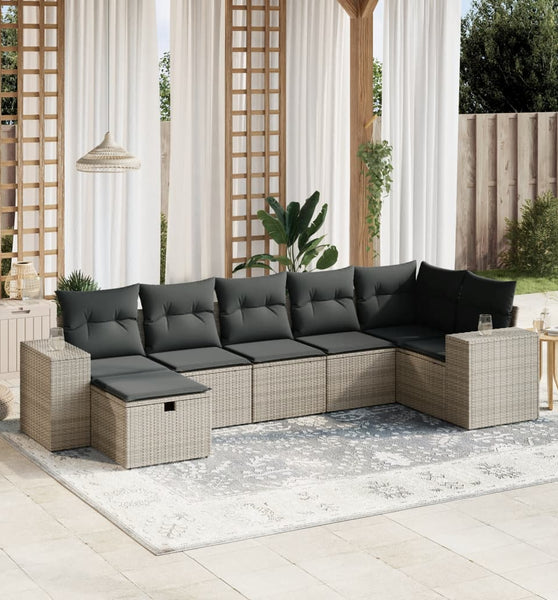 7-tlg. Garten-Sofagarnitur mit Kissen Grau Poly Rattan