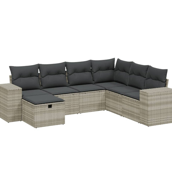 7-tlg. Garten-Sofagarnitur mit Kissen Hellgrau Poly Rattan