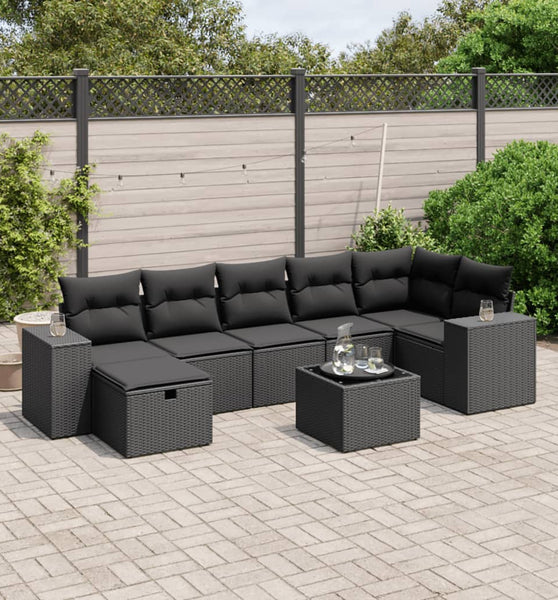 8-tlg. Garten-Sofagarnitur mit Kissen Schwarz Poly Rattan