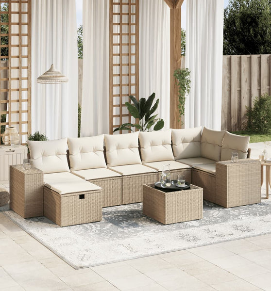 8-tlg. Garten-Sofagarnitur mit Kissen Beige Poly Rattan