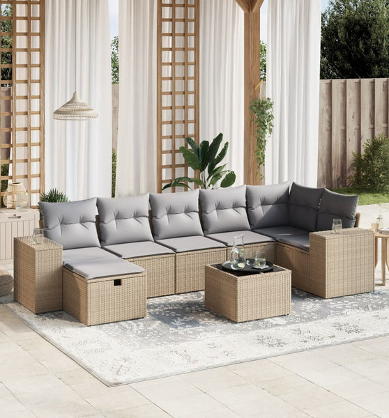 8-tlg. Garten-Sofagarnitur mit Kissen Beige Poly Rattan