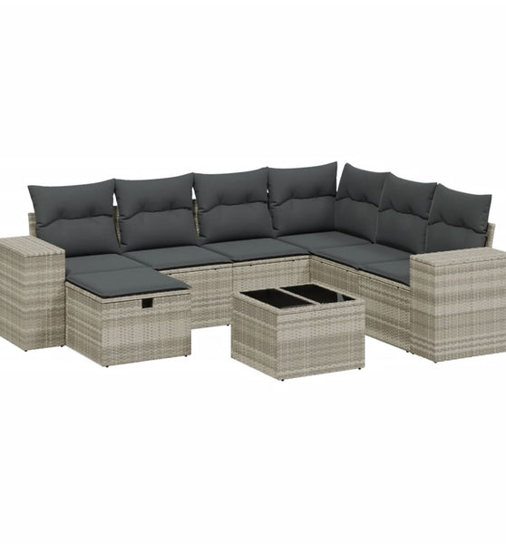 8-tlg. Garten-Sofagarnitur mit Kissen Hellgrau Poly Rattan