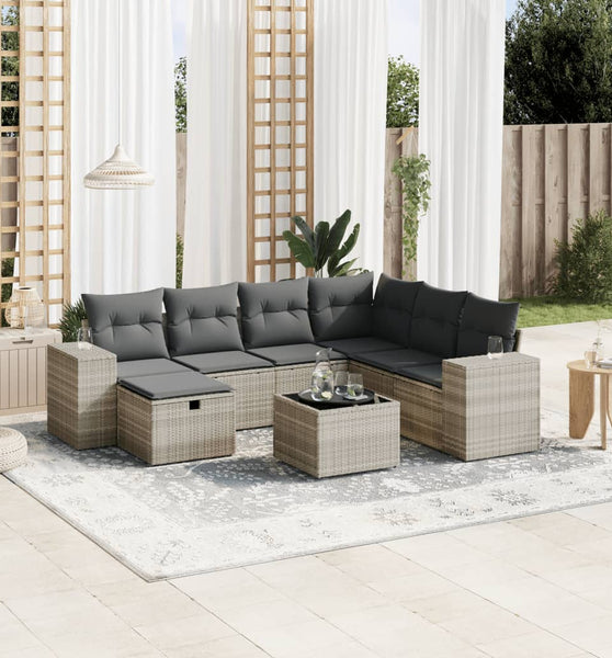 8-tlg. Garten-Sofagarnitur mit Kissen Hellgrau Poly Rattan