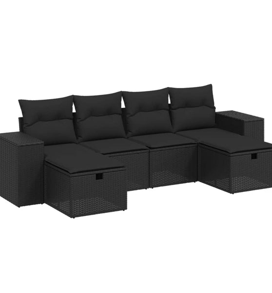 6-tlg. Garten-Sofagarnitur mit Kissen Schwarz Poly Rattan