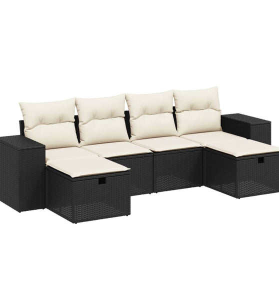 6-tlg. Garten-Sofagarnitur mit Kissen Schwarz Poly Rattan