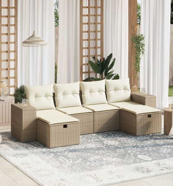 6-tlg. Garten-Sofagarnitur mit Kissen Beige Poly Rattan