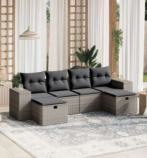 6-tlg. Garten-Sofagarnitur mit Kissen Grau Poly Rattan