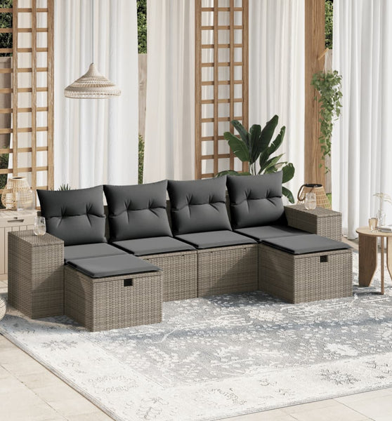 6-tlg. Garten-Sofagarnitur mit Kissen Hellgrau Poly Rattan
