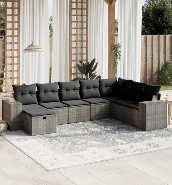 8-tlg. Garten-Sofagarnitur mit Kissen Grau Poly Rattan