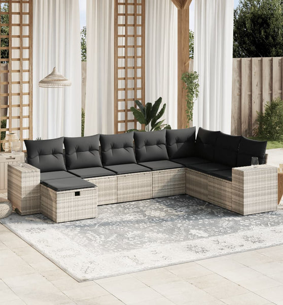 8-tlg. Garten-Sofagarnitur mit Kissen Hellgrau Poly Rattan