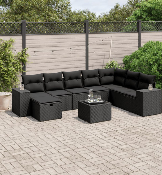 9-tlg. Garten-Sofagarnitur mit Kissen Schwarz Poly Rattan