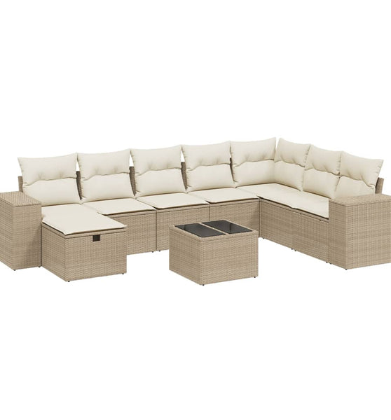 9-tlg. Garten-Sofagarnitur mit Kissen Beige Poly Rattan