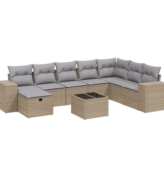 9-tlg. Garten-Sofagarnitur mit Kissen Beige Poly Rattan