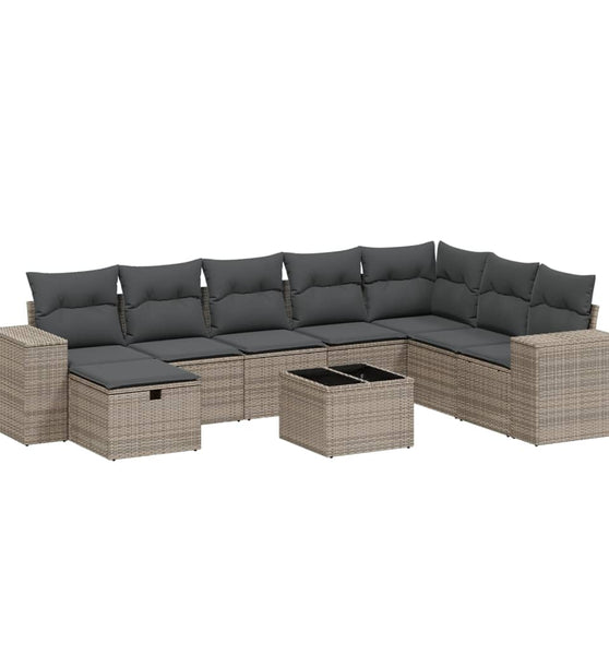 9-tlg. Garten-Sofagarnitur mit Kissen Grau Poly Rattan