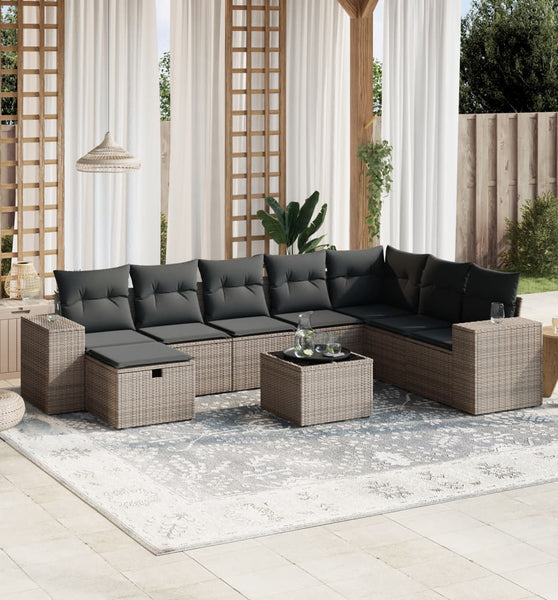 9-tlg. Garten-Sofagarnitur mit Kissen Grau Poly Rattan