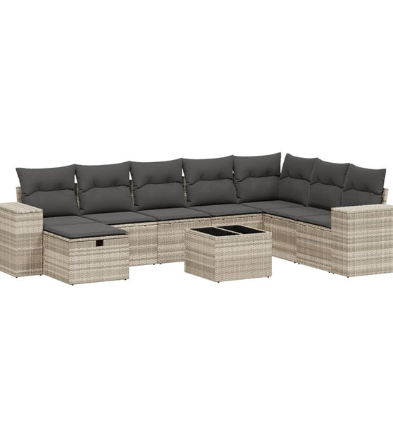 9-tlg. Garten-Sofagarnitur mit Kissen Hellgrau Poly Rattan