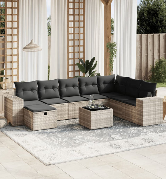 9-tlg. Garten-Sofagarnitur mit Kissen Hellgrau Poly Rattan