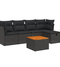 6-tlg. Garten-Sofagarnitur mit Kissen Schwarz Poly Rattan