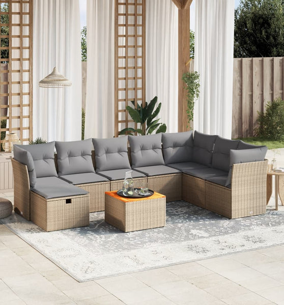 9-tlg. Garten-Sofagarnitur mit Kissen Beige Poly Rattan
