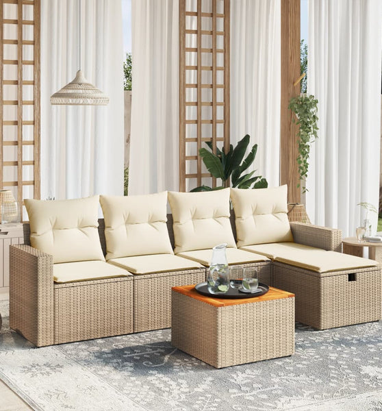 6-tlg. Garten-Sofagarnitur mit Kissen Beige Poly Rattan