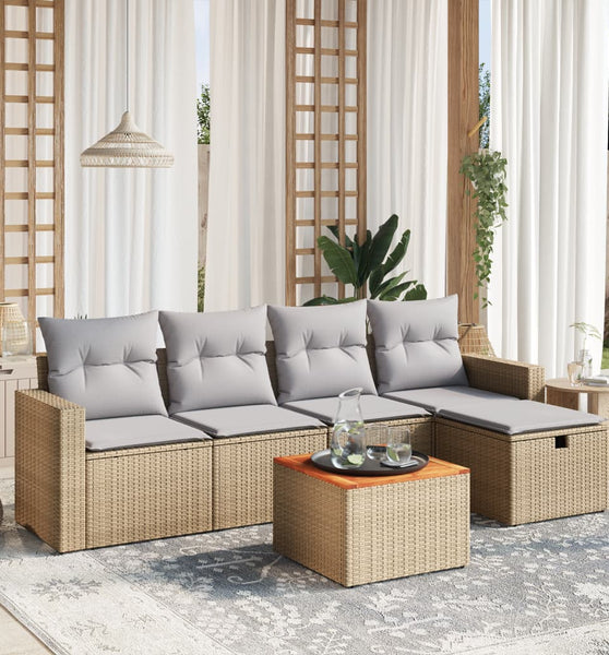 6-tlg. Garten-Sofagarnitur mit Kissen Beige Poly Rattan