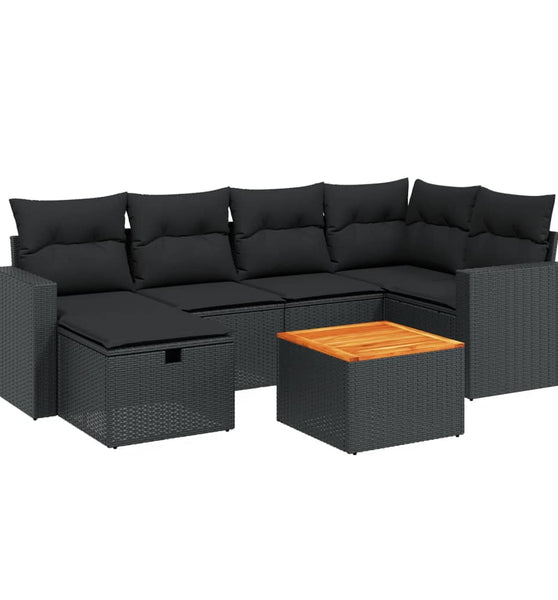 7-tlg. Garten-Sofagarnitur mit Kissen Schwarz Poly Rattan