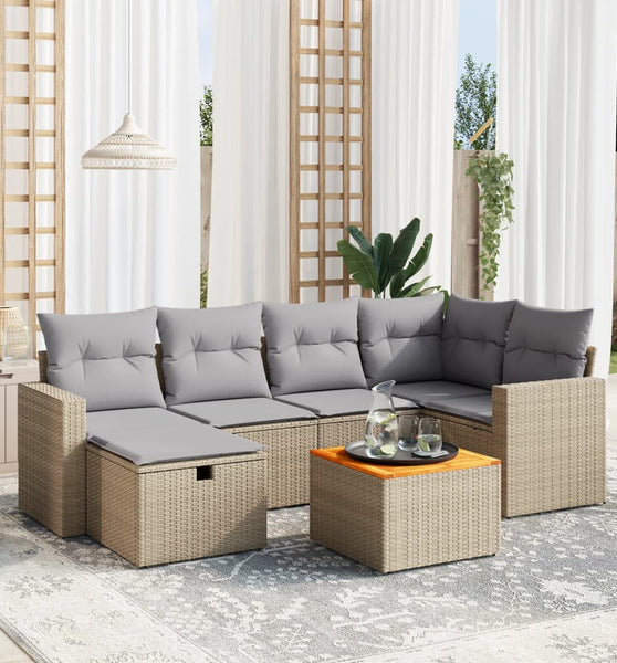 7-tlg. Garten-Sofagarnitur mit Kissen Beige Poly Rattan