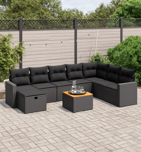 9-tlg. Garten-Sofagarnitur mit Kissen Schwarz Poly Rattan
